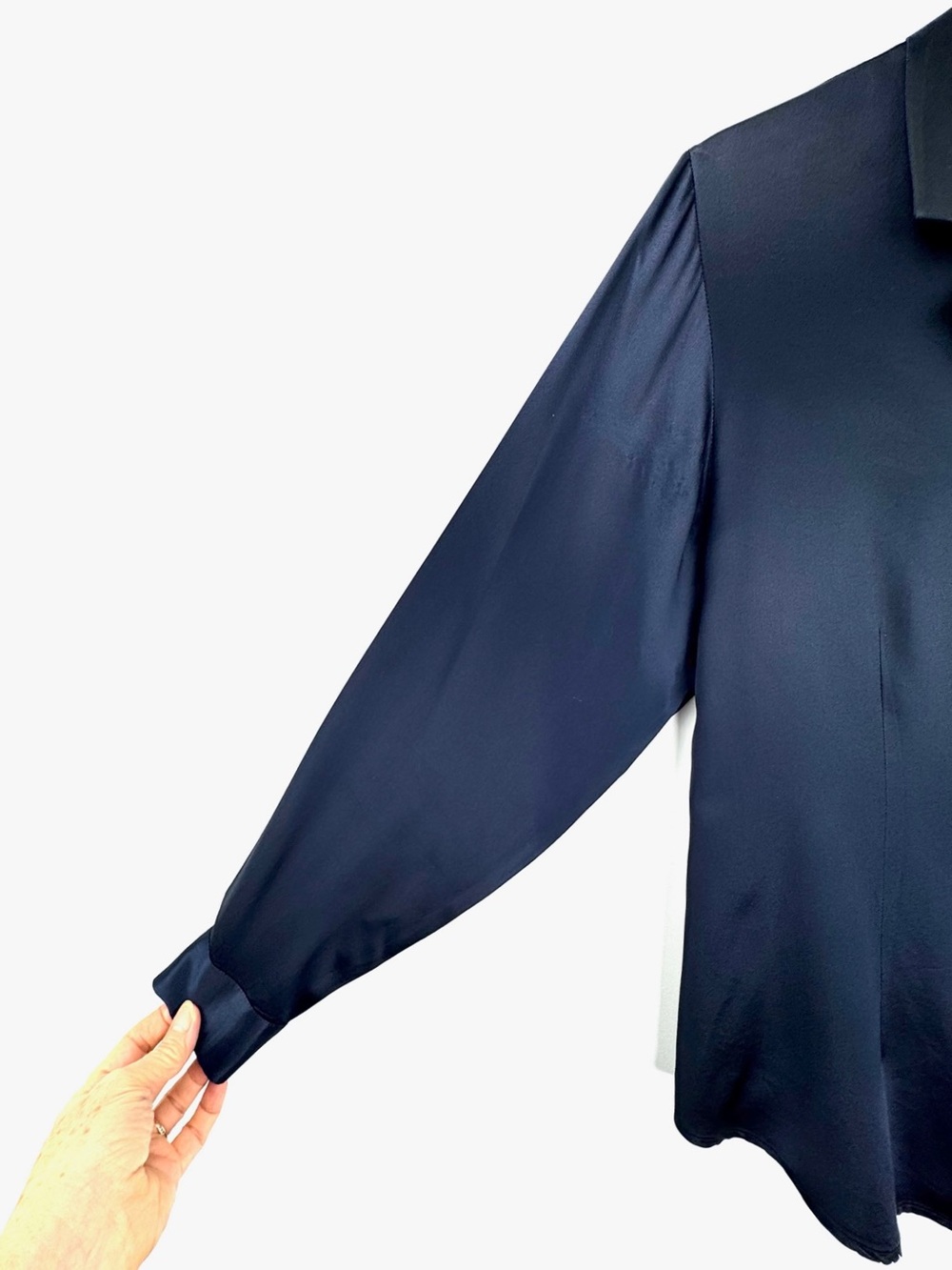 100% Silk Navy Blue Button-Front Long Sleeve Blouse - Picture 7 of 16
